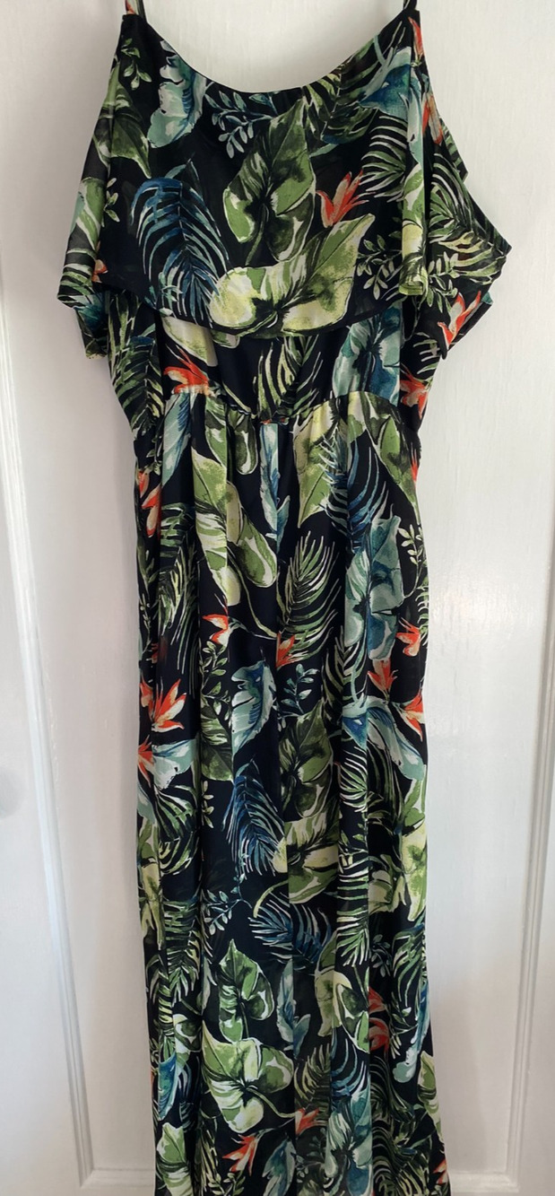 Sanctuary Dress M Medium Black Tropical Floral Cold Shoulder Faux Wrap Maxi D090